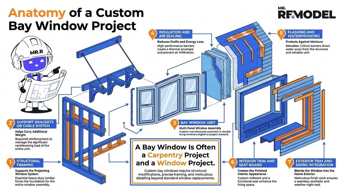 Exploded architectural infographic showing the major carpentry, framing, weatherproofing, and finish-work components involved in a custom bay window project.